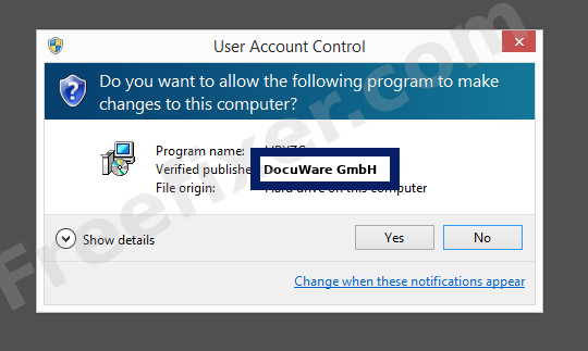Screenshot where DocuWare GmbH appears as the verified publisher in the UAC dialog